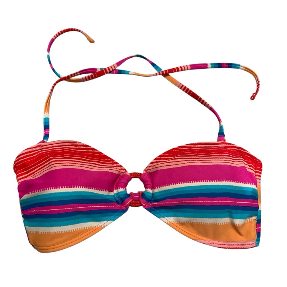 Aerie Rainbow Striped Bandeau O Ring Tie Neck Bikini Top, Sz L
